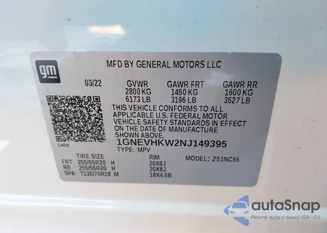 2022 Chevrolet Traverse Awd Lt Leather z USA, uszkodzony, nr VIN 1GNEVHKW2NJ149395